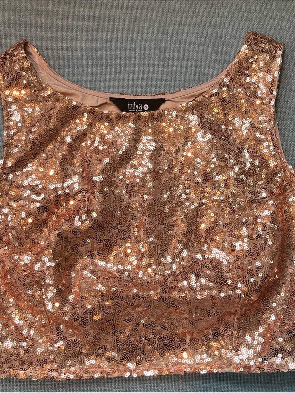 Indya Rose Gold Sequin Crop Top Sleeveless Embellished Party Blouse